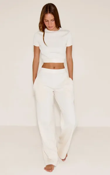 PrettyLittleThing Cream Sleep Rib Tonal Elastic Wide Leg Trousers