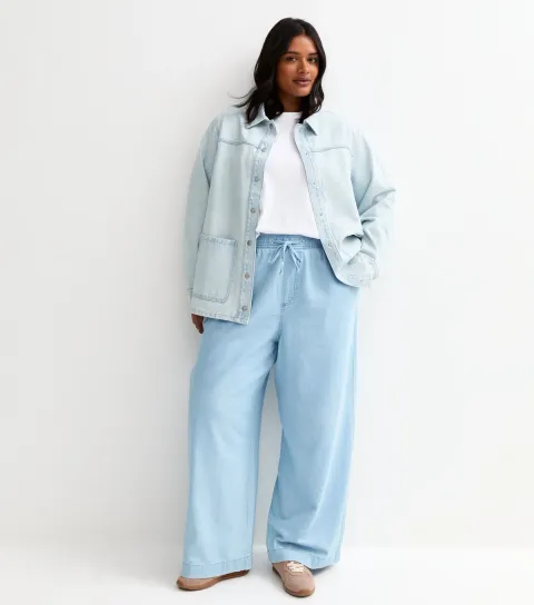 Plus Size Light Blue Denim Wide Leg Trousers Curves