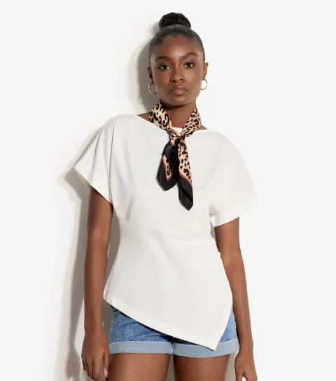 White Cotton Asymmetric Gathered Side T-Shirt