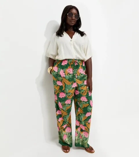 Plus Size Green Palm Goya Wide Leg Trousers Curves