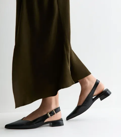 Black Faux Leather Pointed Toe Slingback Pumps Vegan
