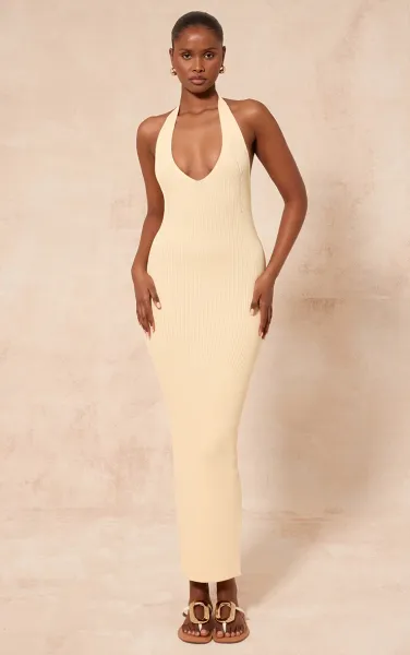 Lemon Ribbed Knit Twist Back Maxi Dress