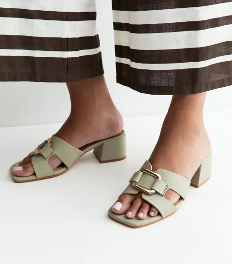Wide Fit Light Green Rectangle Buckle Block Heel Mules Vegan