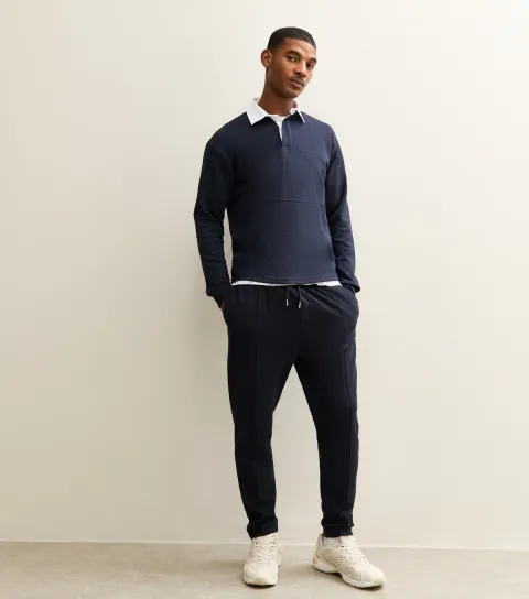 Navy Pique Jersey Pintuck Tapered Leg Regular Fit Joggers
