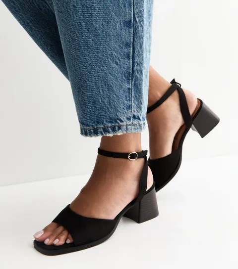 Black Faux Suede Curved Front Block Heel Sandals Vegan