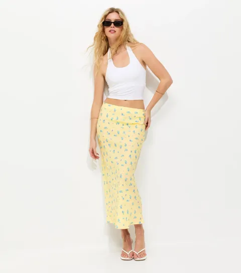 Yellow Ditsy Floral Bias Cut Midi Skirt