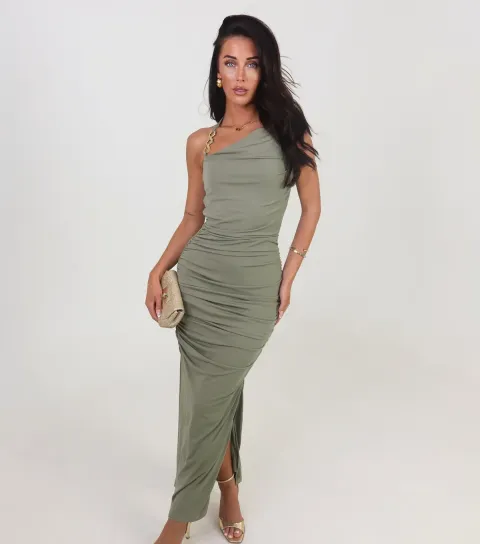 Light Khaki Chain Halter Neck Midi Dress