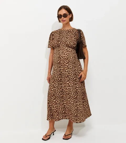 Maternity Brown Leopard Print Crinkle Texture Midi Dress