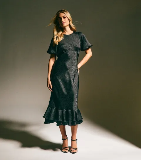 Black Feather Jacquard Satin Midi Dress
