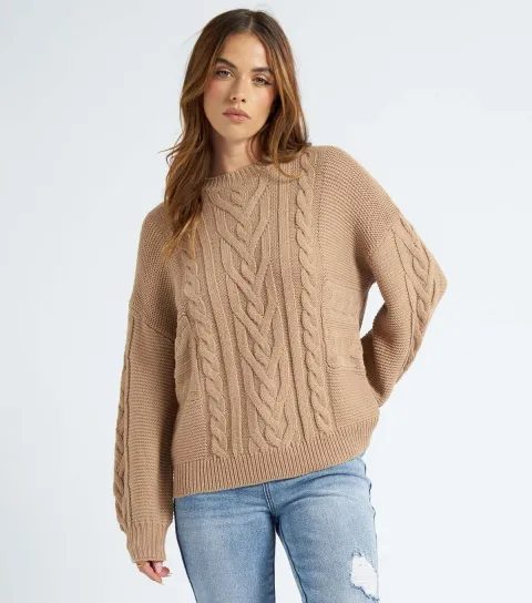 Brown Cable Knit Crew Neck Jumper