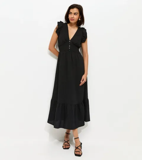 Black Ruffled Cap Sleeve Midi Dress