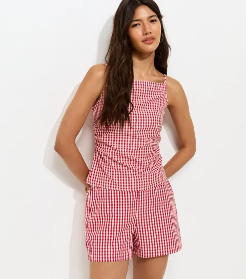Red Gingham Print Ruched Cami Top