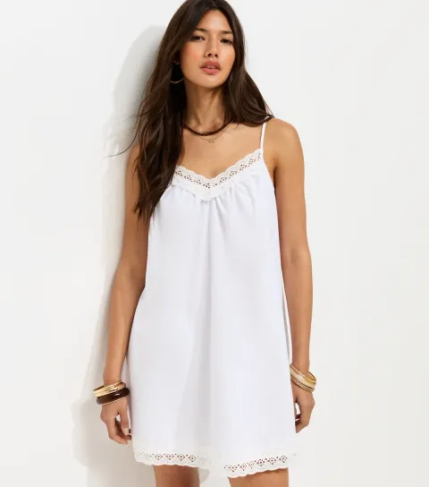 White Cotton Rich Lace Trim Strappy Smock Mini Dress