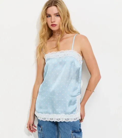 Blue Satin Lace Trim Polka Dot Cami Top