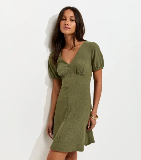 Dark Khaki Crinkled Short Sleeve Mini Dress