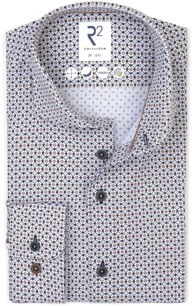 R2 Shirt Poplin Graphical Print Blue Multicolour Beige size 38