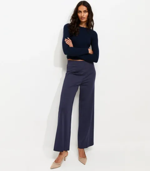 Navy Jersey Wide Leg Trousers