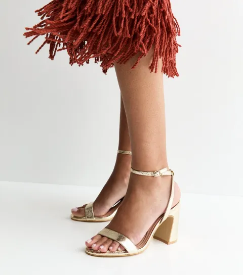 Gold Faux Leather Block Heel Sandals