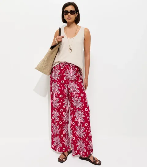 Red Palm Tree Print Wide Leg Trousers