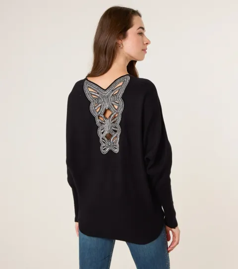 Black Embellished Cut Out Back Batwing Jumper