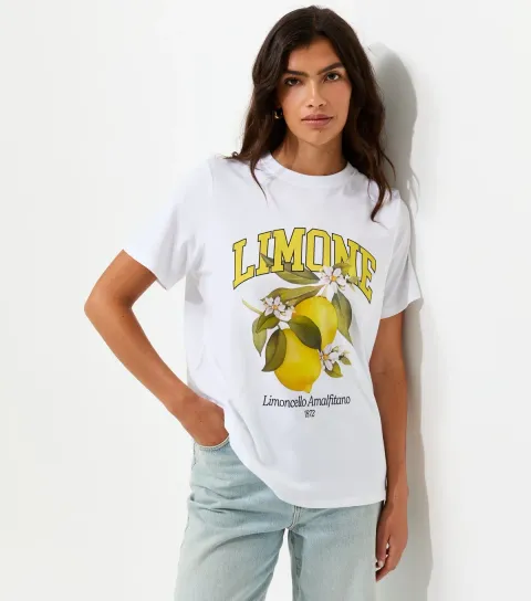 White Cotton Limone Print Crew Neck T-Shirt