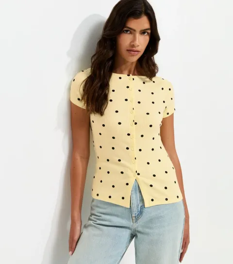 Yellow Cotton Rich Spot Print Button Through Baby Tee T-Shirt