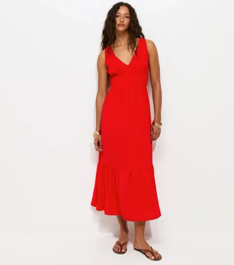 Bright Red Ruched Waist V-Neck Midi Dress