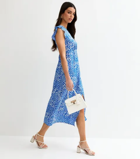 Blue Floral Flutter Sleeve Midi Dress