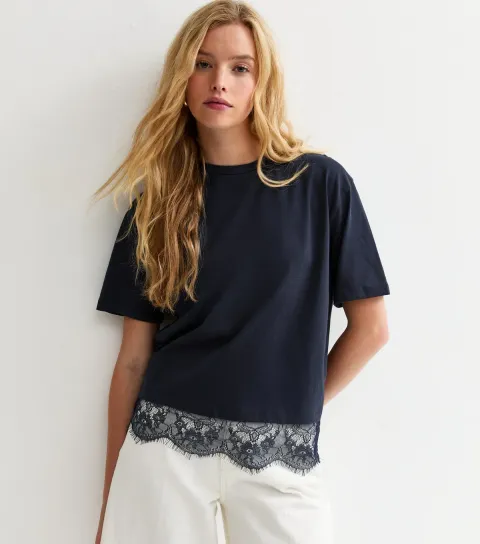 Navy Lace Hem Boxy T-Shirt
