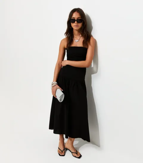 Black Contrast Skirt Bandeau Midi Dress