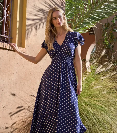 Navy Polka Dot Elasticated Waist Midi Dress