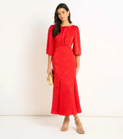 Bright Red Floral Jacquard Satin Midi Dress
