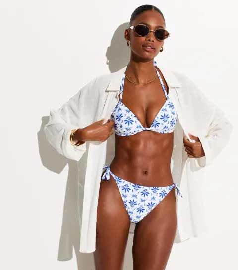 Blue Floral Print Tie Side Bikini Briefs