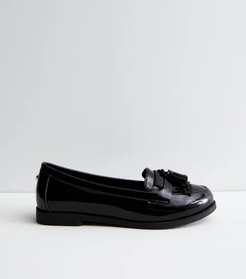 Black Patent Tassel Trim Loafers Vegan