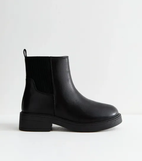 Wide Fit Black Faux Leather Chunky Sole Chelsea Ankle Boots Vegan