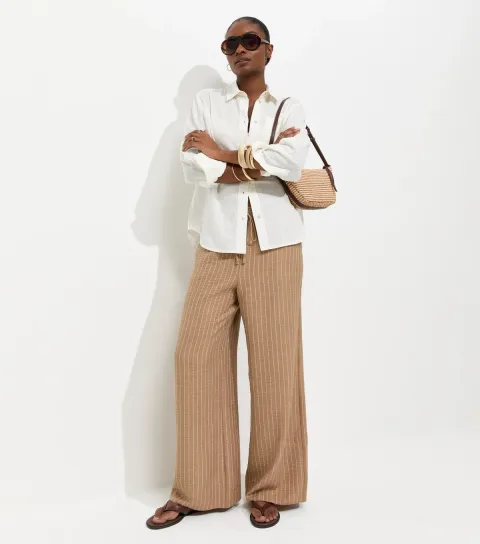 Camel Woven Striped Wide Leg Trousers