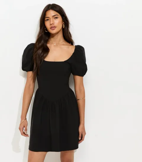 Black Puff Sleeve V Waist Mini Dress