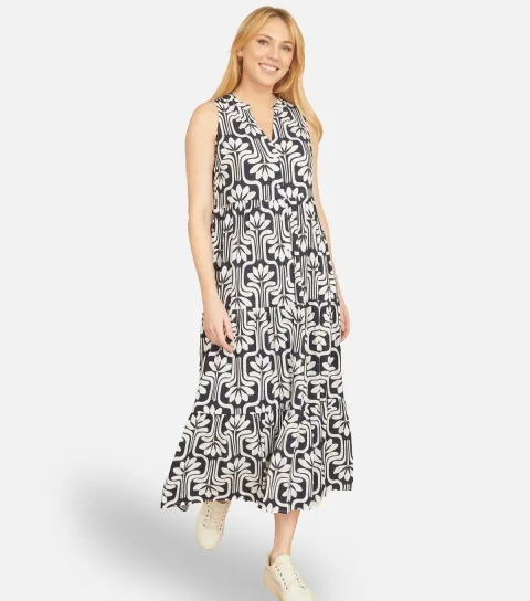 Navy Retro Flower Print Midi Dress