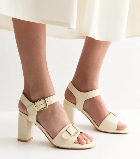 Wide Fit Off White Double Buckle Block Heel Sandals Vegan