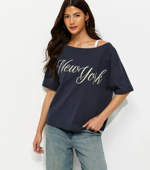 Navy New York Off The Shoulder T-Shirt