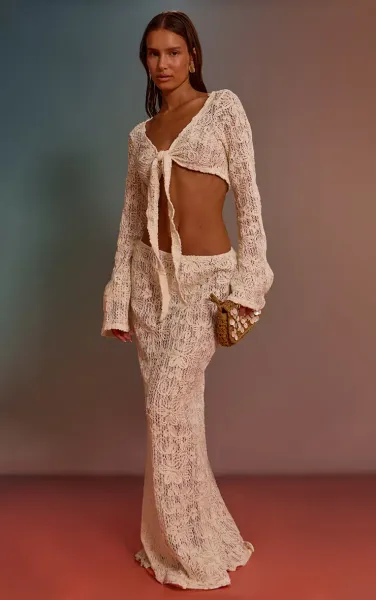 Cream Flower Embroidered Beach Maxi Skirt
