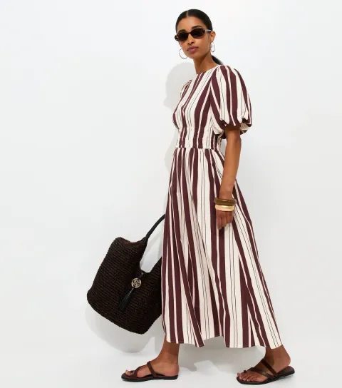 Cream With Cotton Striped Shirred Waist Puff Sleeve Midi Dress