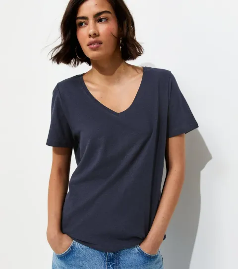Premium Navy Linen Rich V Neck T-Shirt