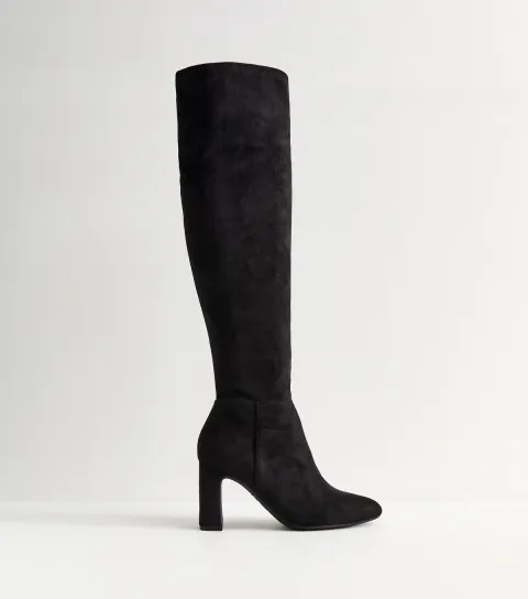 Black Faux Suede Thigh High Boots Vegan