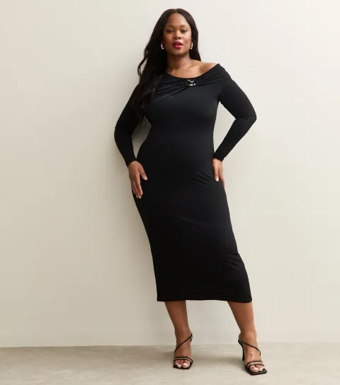 Curve Black Fallen Shoulder Midi Dress