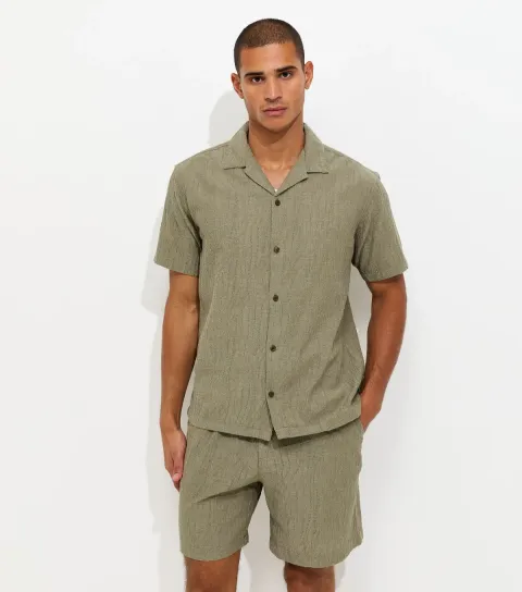 Light Khaki Cotton Rich Jacquard Short Sleeve Shirt