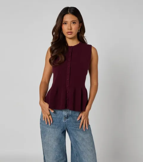 Burgundy Peplum Button Front Vest Top