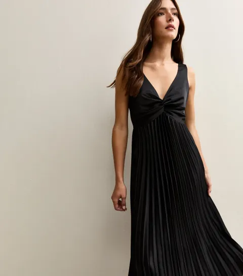 Black Satin Pleated Midi Dress