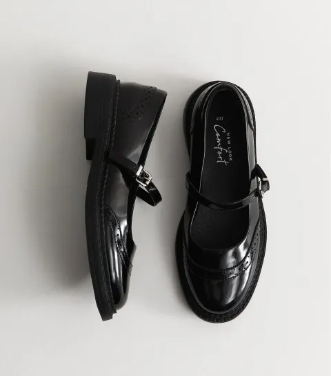 Black Patent Faux Leather Box Brogue Mary Jane Shoes Vegan