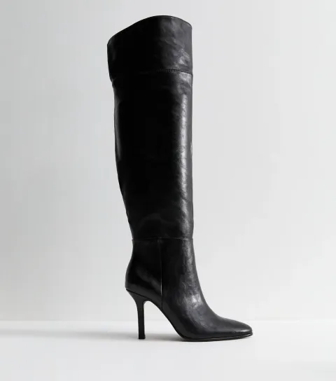 Black Faux Leather Over The Knee Stiletto Boots Vegan
